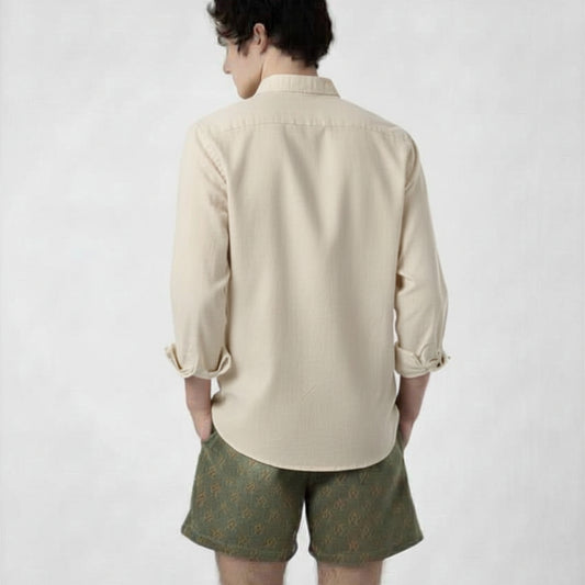 Camisa Tipo Sahariana en Mezcla de Lino y Algodón Beige
