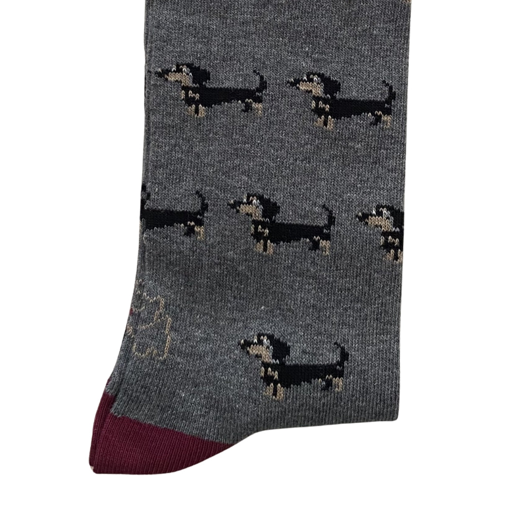 Calcetín Media Caña Hombre Kiff-Kiff – Estampado Teckel Fondo Gris | Fabricado en España