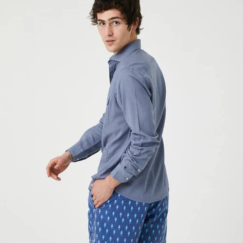 Camisa Sahariana Lino y Algodón Azul Jeans – 4 Bolsillos Manga Larga | Verano