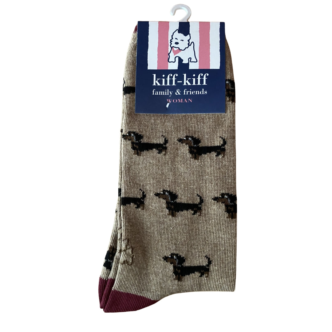 Calcetín Media Caña Mujer Kiff-Kiff – Estampado Teckel Fondo Beige | Fabricado en España