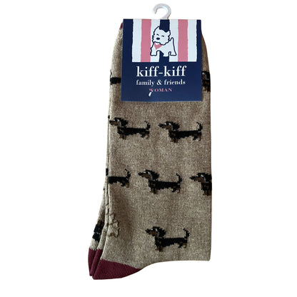 Calcetín Media Caña Mujer Kiff-Kiff – Estampado Teckel Fondo Beige | Fabricado en España