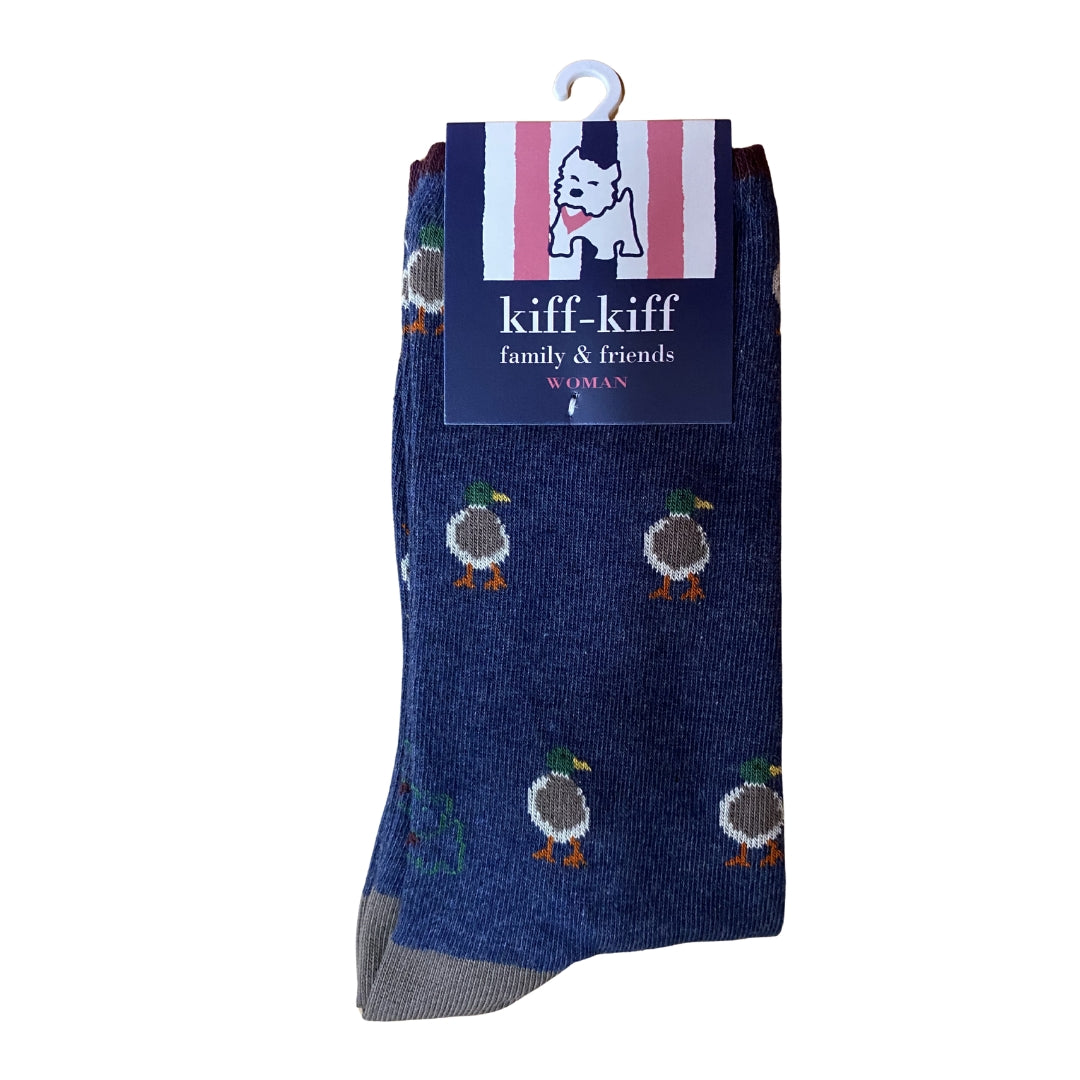 Calcetín Media Caña Mujer Kiff-Kiff – Estampado Pato Fondo Azul | Fabricado en España