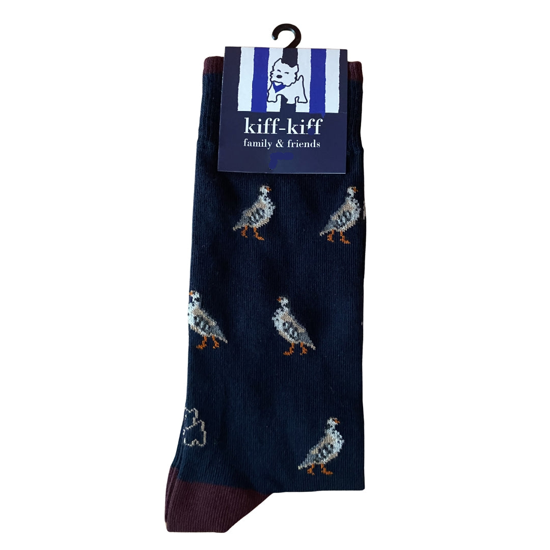 Calcetín Media Caña Hombre Kiff-Kiff – Estampado Perdiz Fondo Azul | Fabricado en España