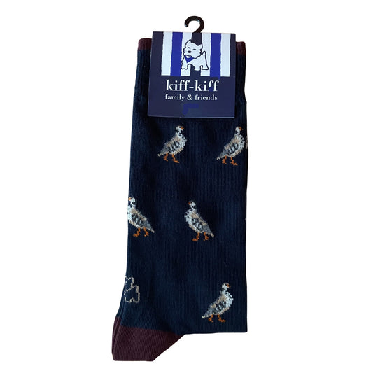 Calcetín Media Caña Hombre Kiff-Kiff – Estampado Perdiz Fondo Azul | Fabricado en España