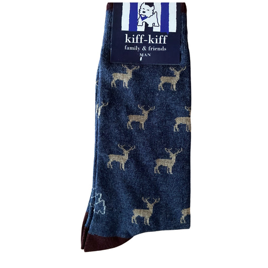 Calcetín Media Caña Hombre Kiff-Kiff – Estampado Ciervo Fondo Azul | Fabricado en España