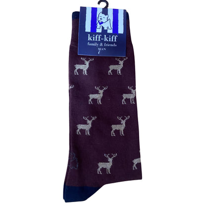 Calcetín Media Caña Hombre Kiff-Kiff – Estampado Ciervo Fondo Burdeo | Fabricado en España