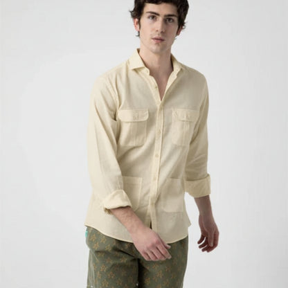 Camisa Sahariana Lino y Algodón Beige – 4 Bolsillos Manga Larga | Verano