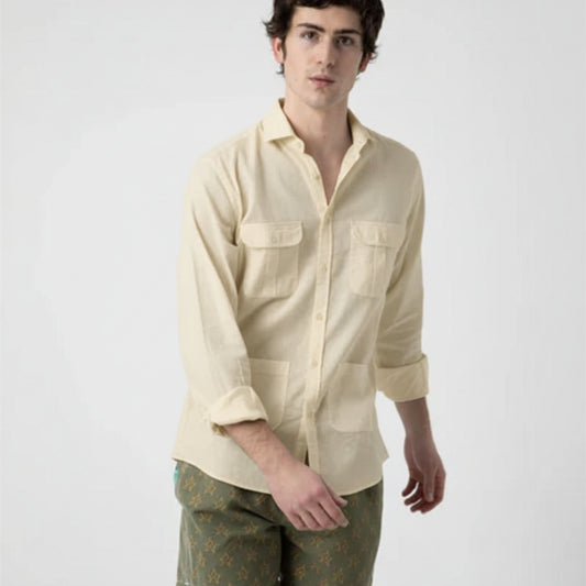 Camisa Tipo  Sahariana en Mezcla de Lino y Algodón Beige