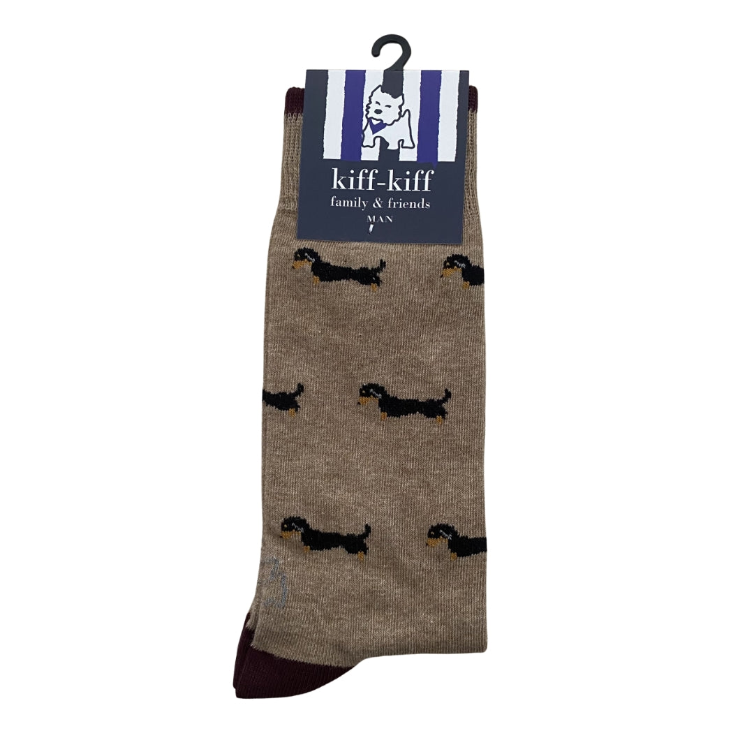 Calcetín Media Caña Hombre Kiff-Kiff – Estampado Teckel Fondo Beige | Fabricado en España