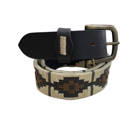 Cinturón Argentino Bordado Beige con Rombo Marrón – Piel 35mm