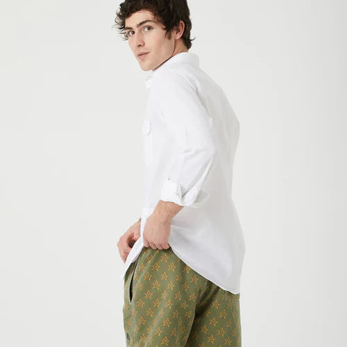 Camisa Tipo  Sahariana en Mezcla de Lino y Algodón Blanca