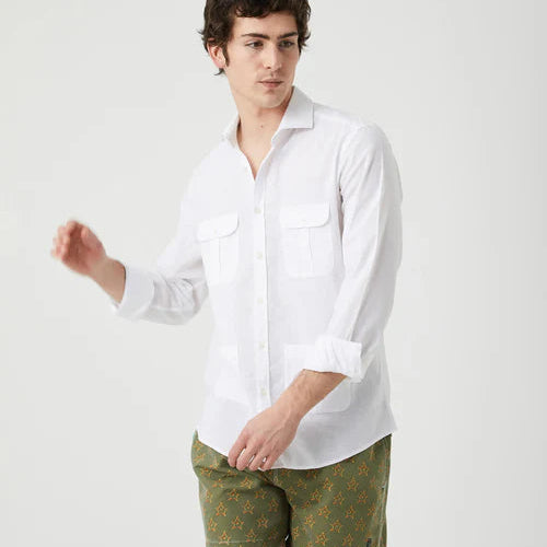 Camisa Sahariana Lino y Algodón Blanca – 4 Bolsillos Manga Larga | Verano