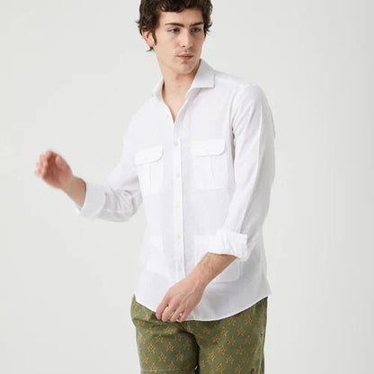 Camisa Sahariana Lino y Algodón Blanca – 4 Bolsillos Manga Larga | Verano
