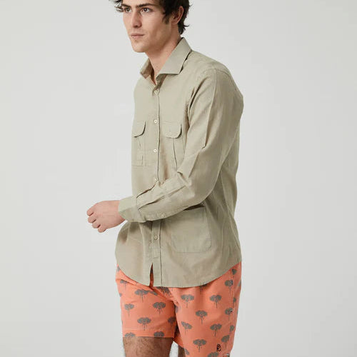 Camisa Sahariana Lino y Algodón Kaki – 4 Bolsillos Manga Larga | Verano