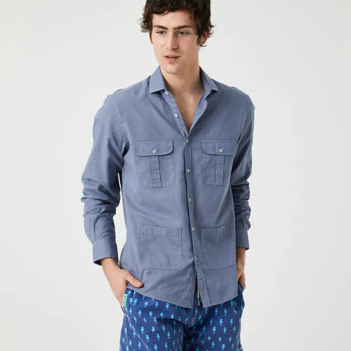 Camisa Sahariana Lino y Algodón Azul Jeans – 4 Bolsillos Manga Larga | Verano