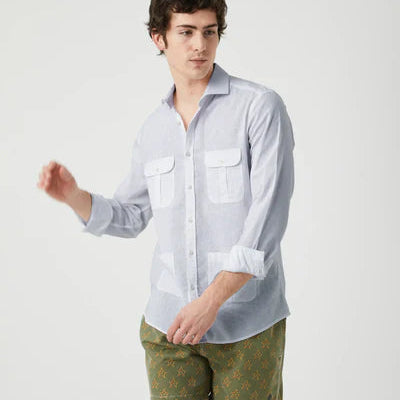 Camisa Tipo  Sahariana en Mezcla de Lino y Algodón Celeste